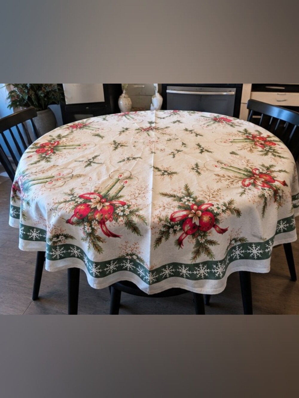 Vintage Linen Christmas Tablecloth – Candles, Ornaments & Snowflakes
